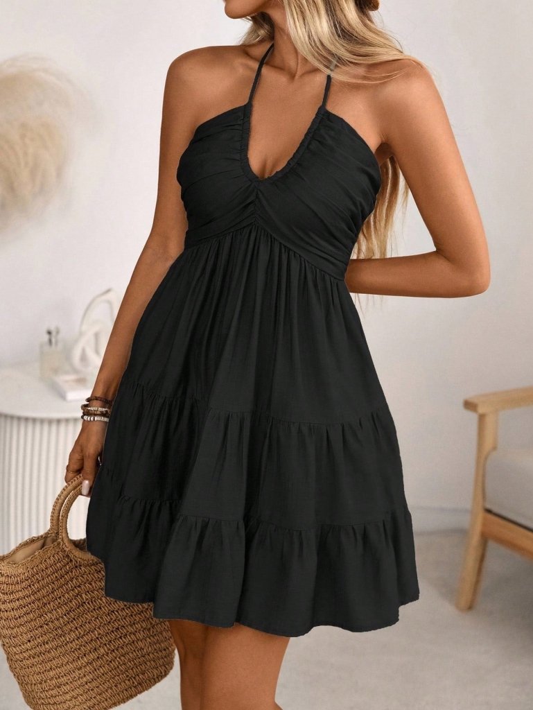 Smocked Halter Neck Tiered Dress - Black by Trendsi from FREYA’S CLOSET