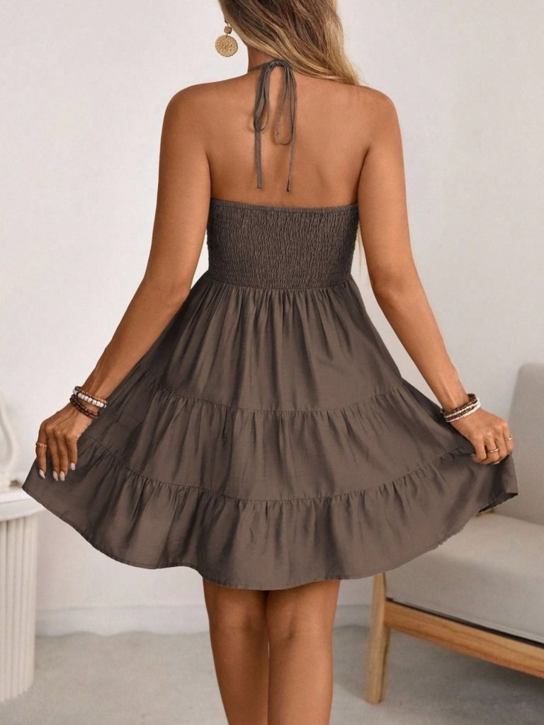 Smocked Halter Neck Tiered Dress - Brown by Trendsi from FREYA’S CLOSET