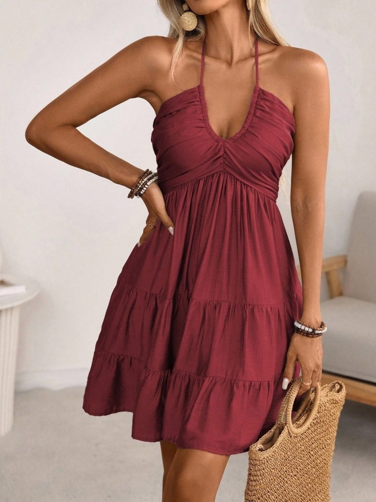 Smocked Halter Neck Tiered Dress - Burgundy by Trendsi from FREYA’S CLOSET