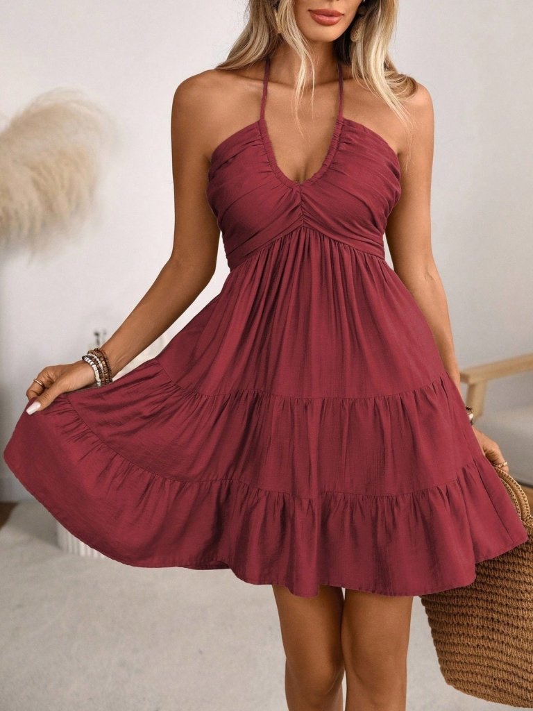Smocked Halter Neck Tiered Dress - Burgundy by Trendsi from FREYA’S CLOSET