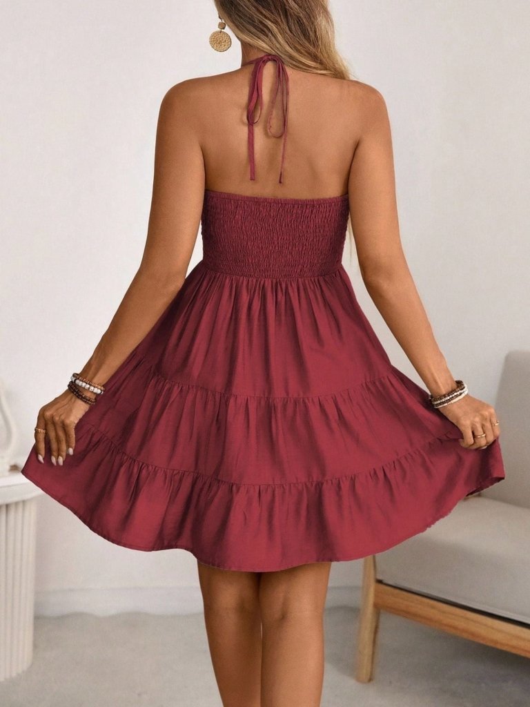 Smocked Halter Neck Tiered Dress - Burgundy by Trendsi from FREYA’S CLOSET