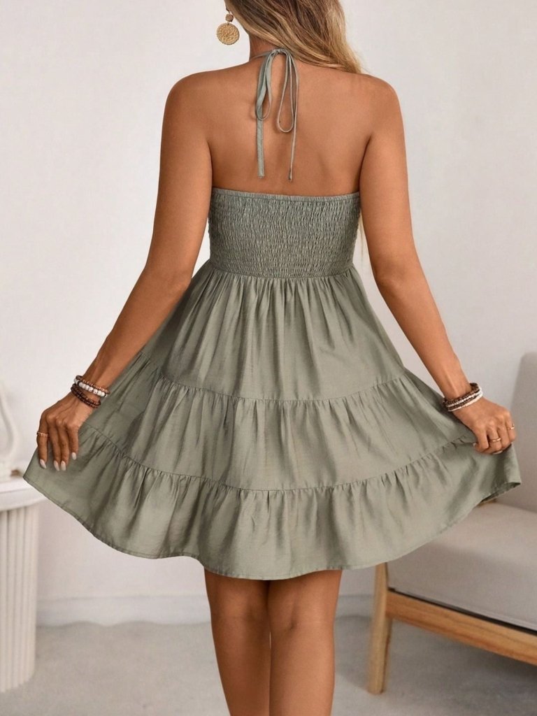 Smocked Halter Neck Tiered Dress - Gray by Trendsi from FREYA’S CLOSET