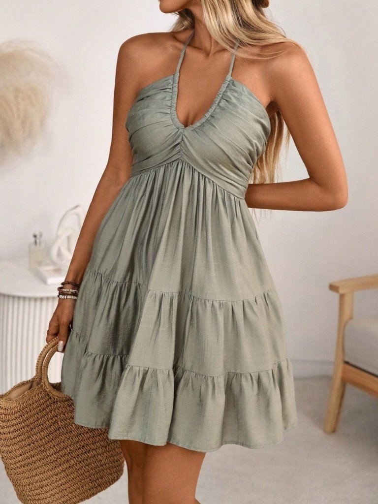 Smocked Halter Neck Tiered Dress - Gray by Trendsi from FREYA’S CLOSET