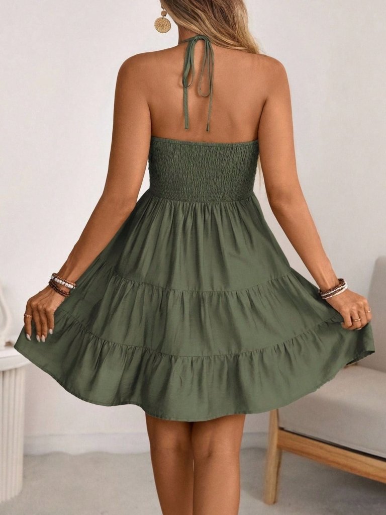 Smocked Halter Neck Tiered Dress - Olive by Trendsi from FREYA’S CLOSET