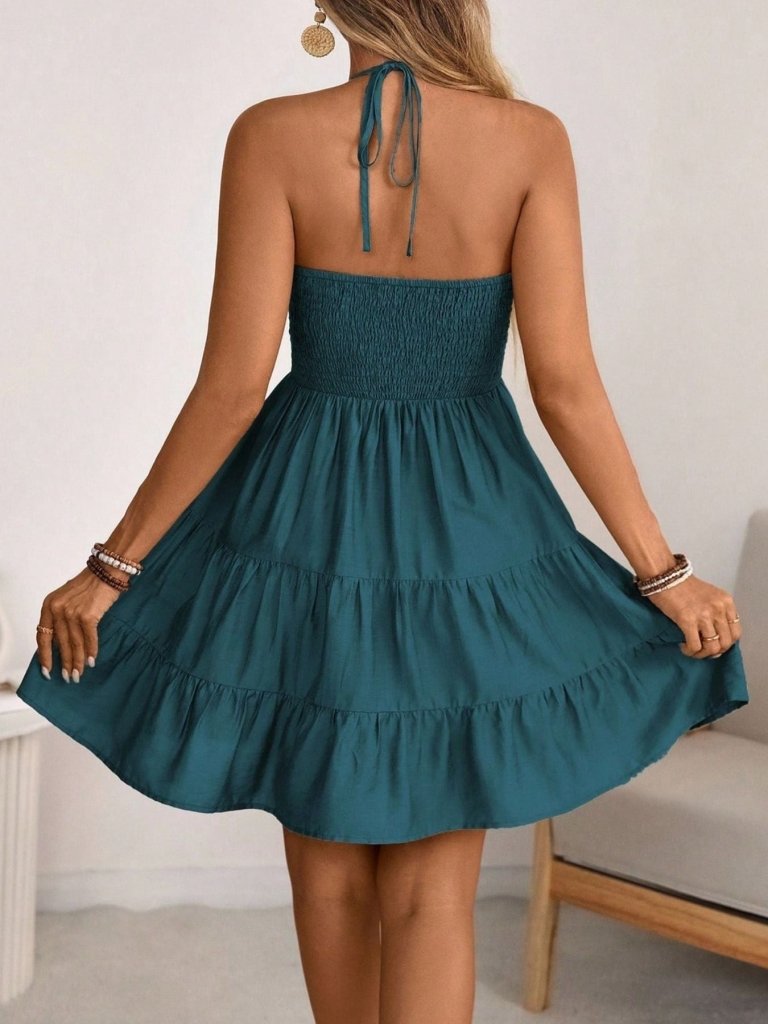 Smocked Halter Neck Tiered Dress - Peacock Blue by Trendsi from FREYA’S CLOSET