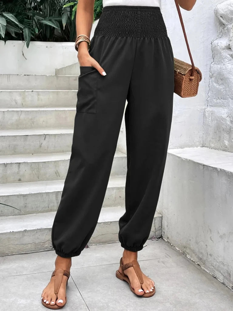 Smocked high-rise joggers with pockets