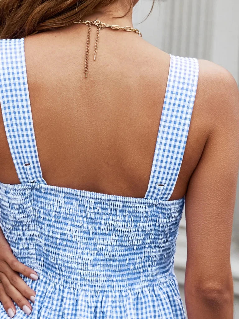 Smocked Plaid Square Neck Tank - Blue by Trendsi from FREYA’S CLOSET