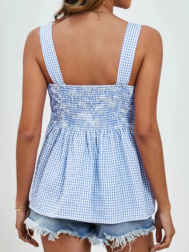 Smocked Plaid Square Neck Tank - Blue by Trendsi from FREYA’S CLOSET