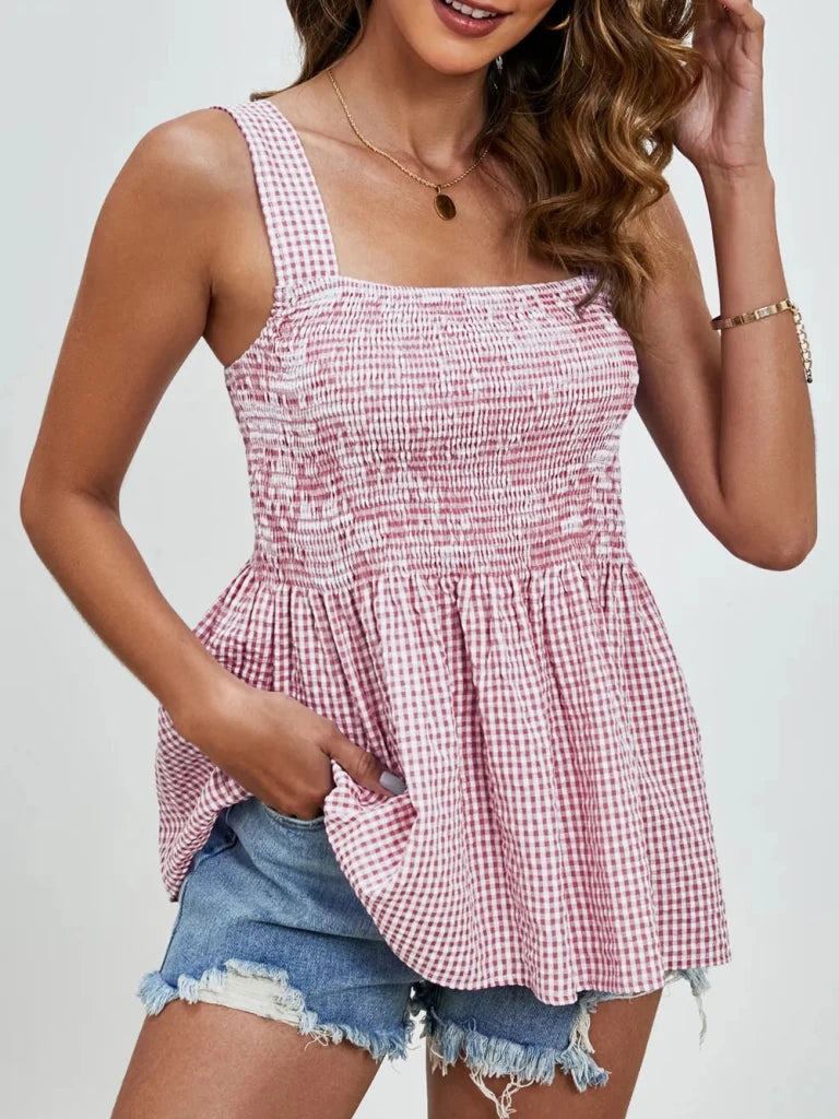 Smocked Plaid Square Neck Tank - Deep Red by Trendsi from FREYA’S CLOSET