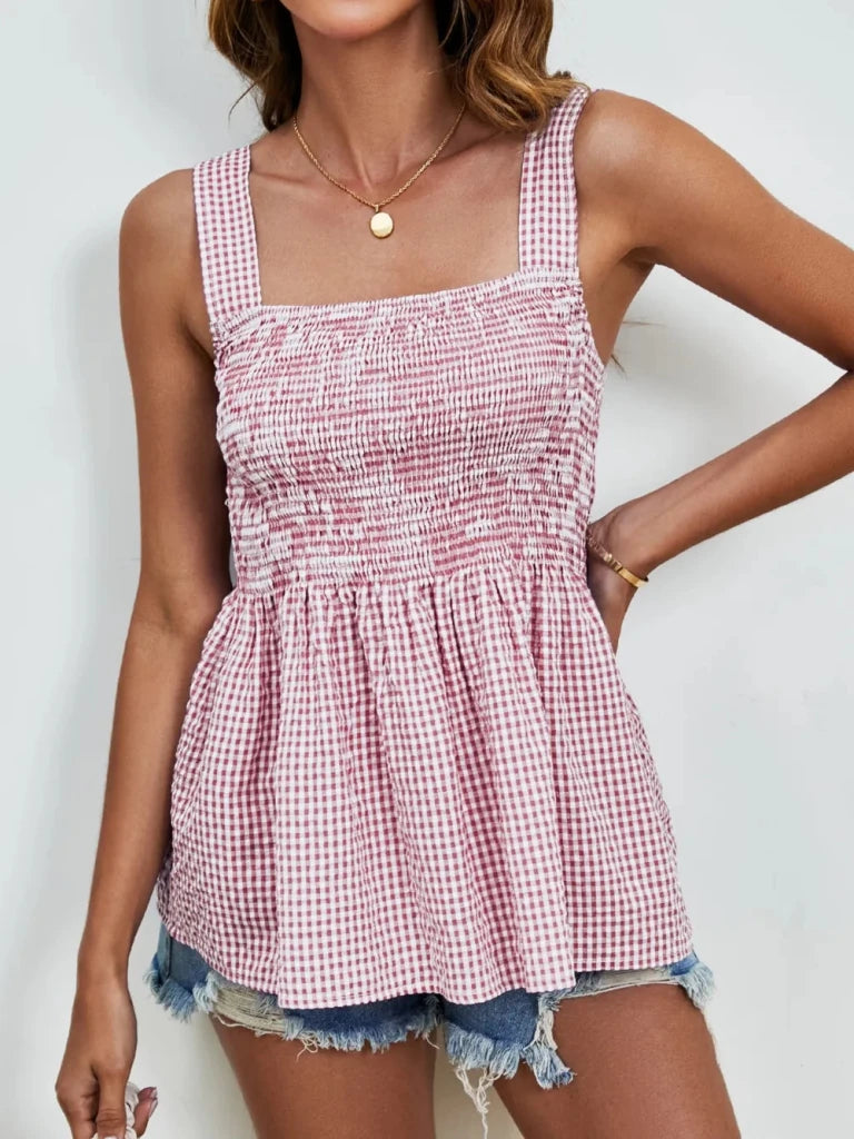 Smocked Plaid Square Neck Tank - Deep Red by Trendsi from FREYA’S CLOSET