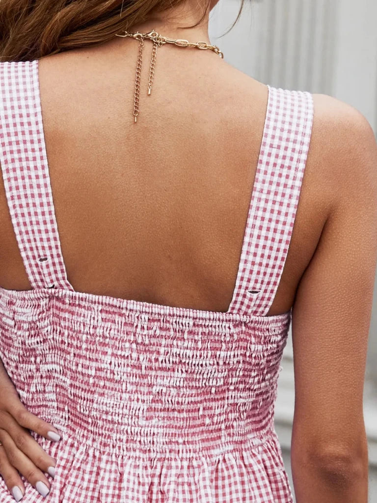 Smocked Plaid Square Neck Tank - Deep Red by Trendsi from FREYA’S CLOSET
