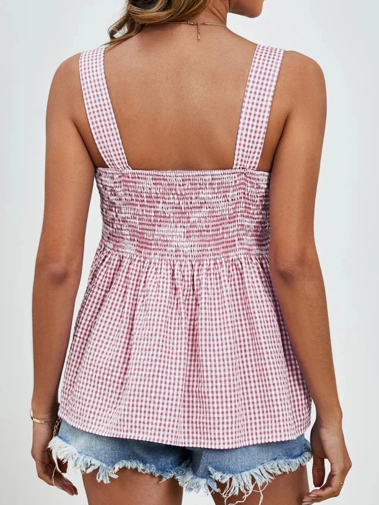 Smocked Plaid Square Neck Tank - Deep Red by Trendsi from FREYA’S CLOSET