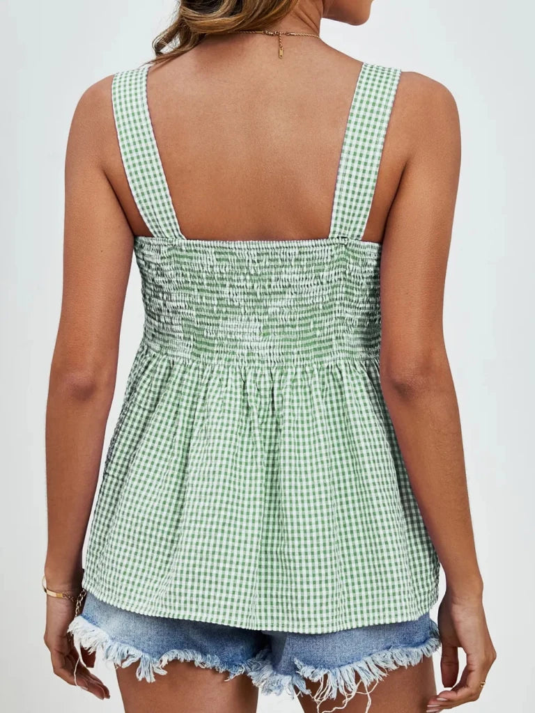 Smocked Plaid Square Neck Tank - Light Green by Trendsi from FREYA’S CLOSET