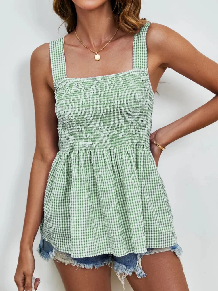 Smocked Plaid Square Neck Tank - Light Green by Trendsi from FREYA’S CLOSET