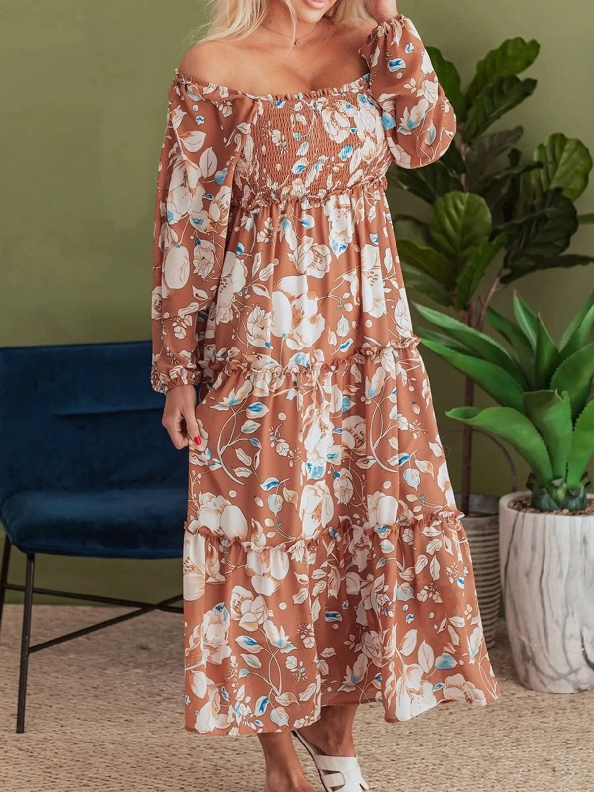 Trendsi Smocked Printed Long Sleeve Tiered Dress