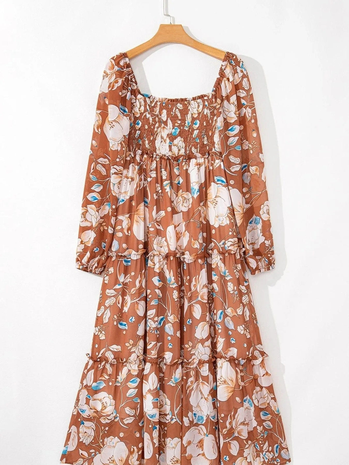 Trendsi Smocked Printed Long Sleeve Tiered Dress