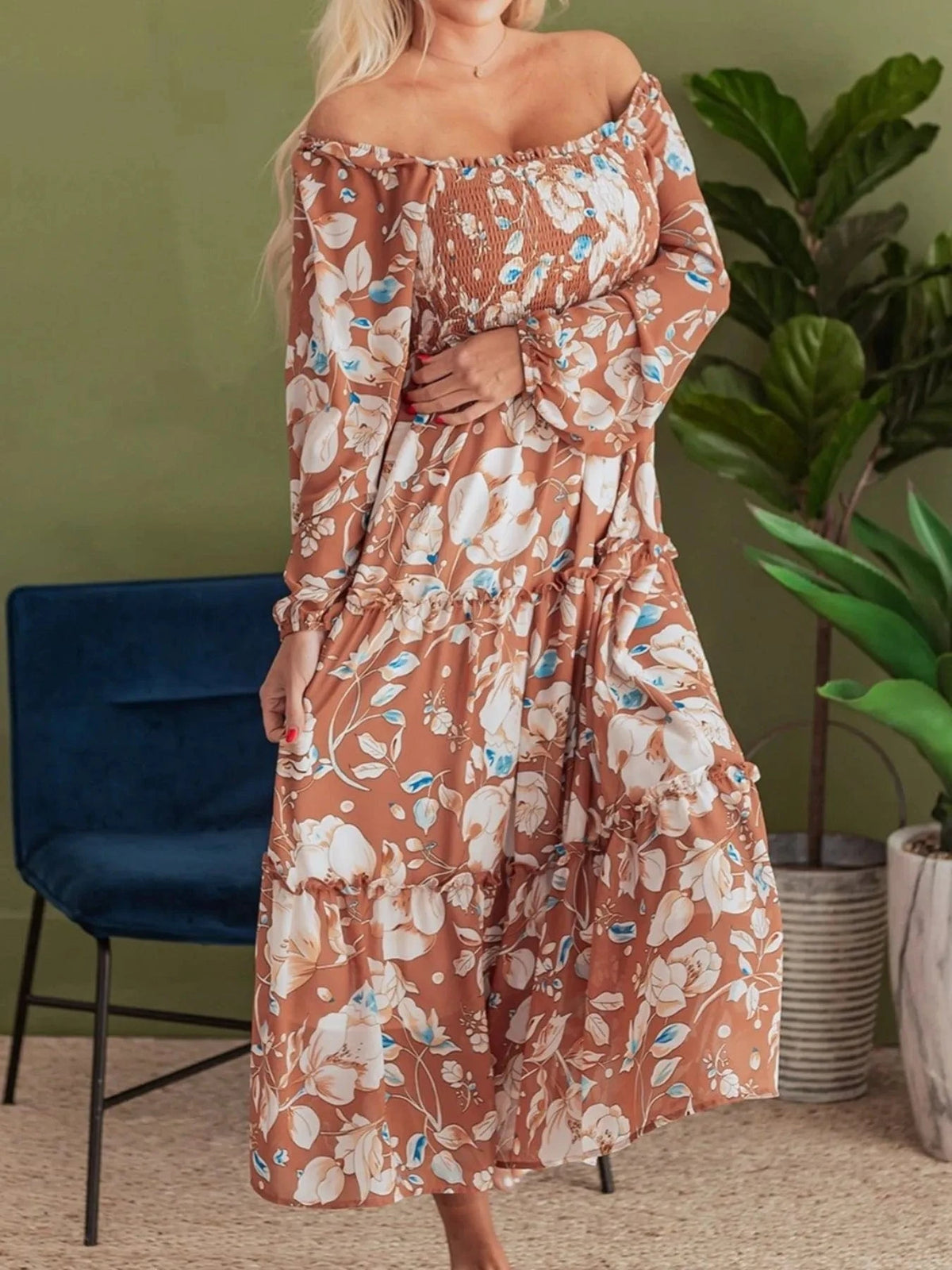 Trendsi Smocked Printed Long Sleeve Tiered Dress