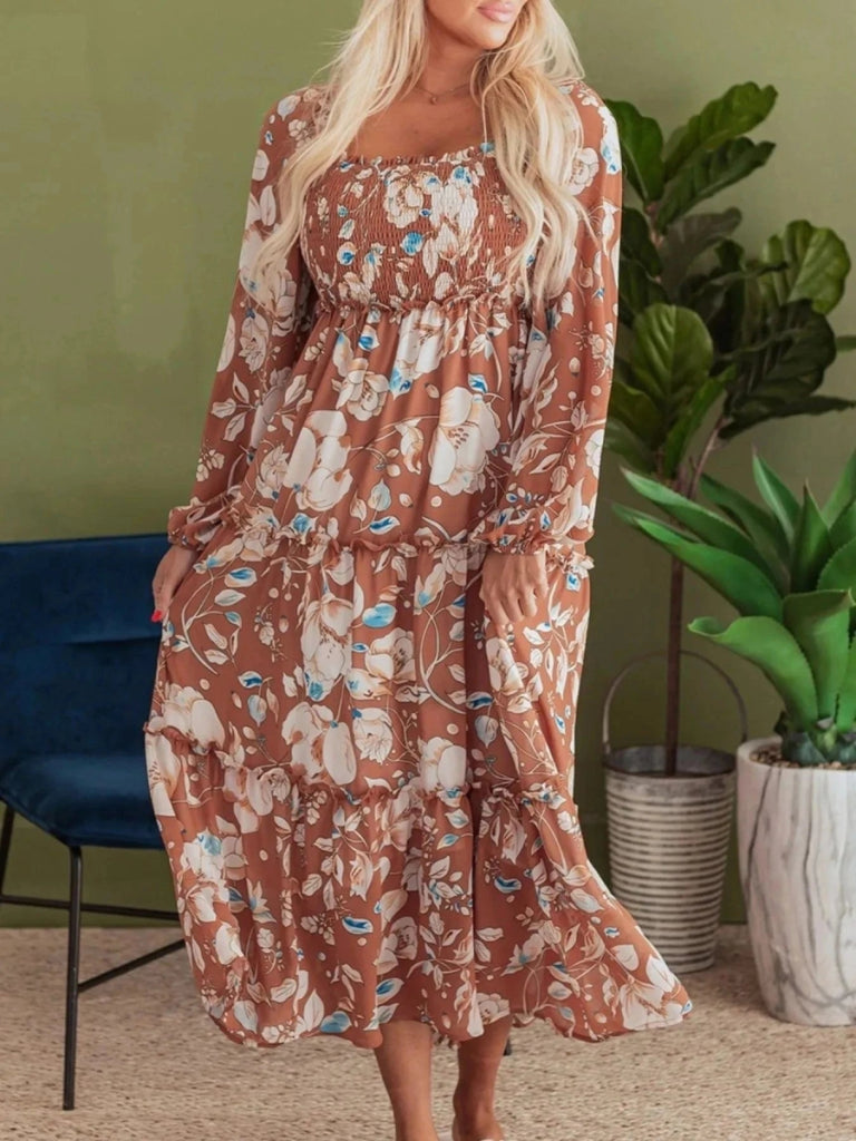 Smocked Printed Long Sleeve Tiered Dress - Floral by Trendsi from FREYA’S CLOSET