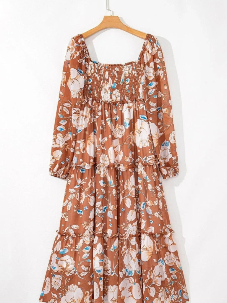 Smocked Printed Long Sleeve Tiered Dress - Floral by Trendsi from FREYA’S CLOSET