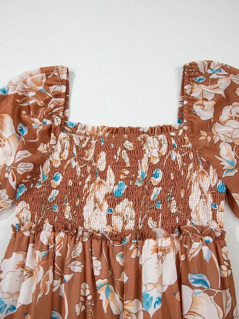 Smocked Printed Long Sleeve Tiered Dress - Floral by Trendsi from FREYA’S CLOSET