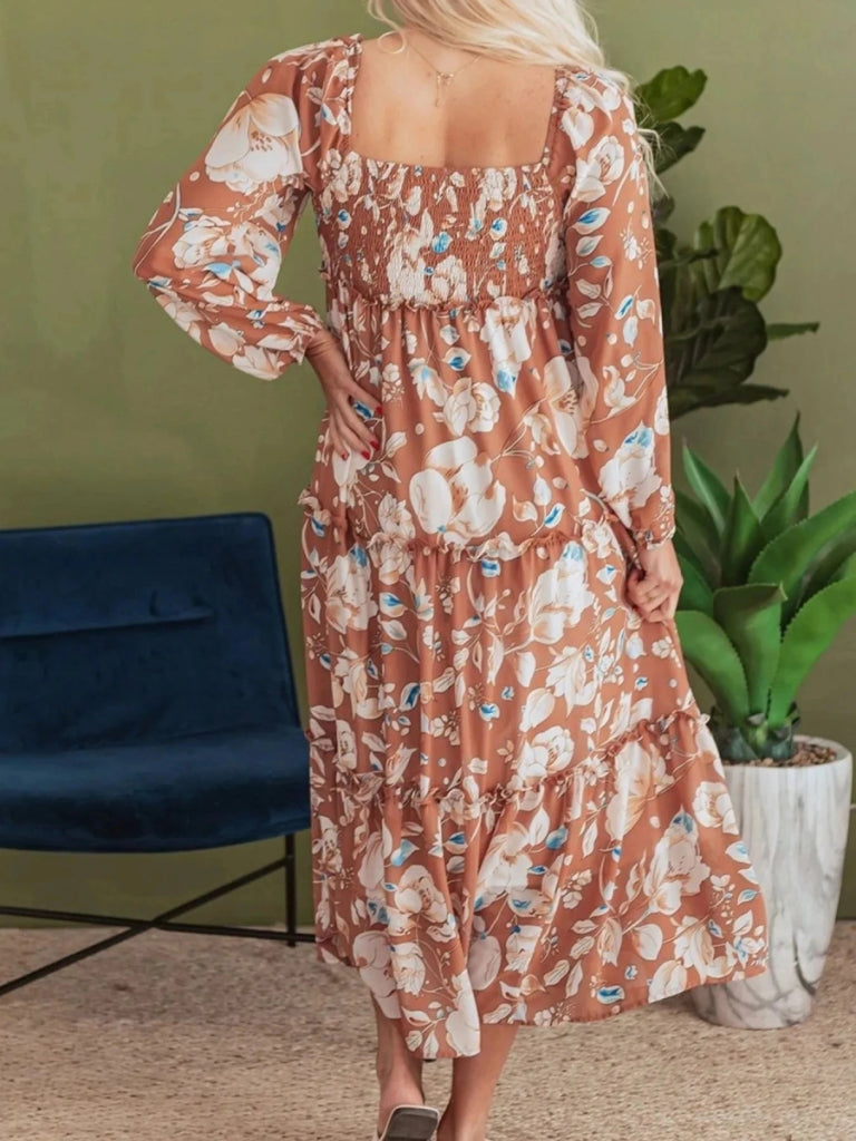 Smocked Printed Long Sleeve Tiered Dress - Floral by Trendsi from FREYA’S CLOSET