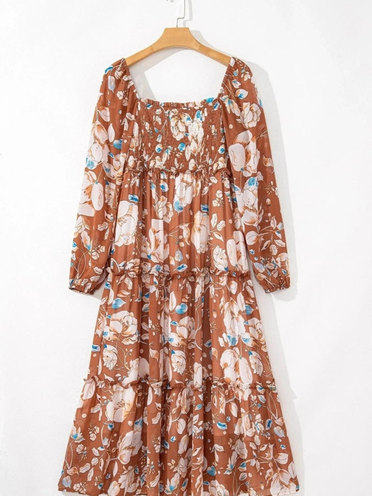 Smocked Printed Long Sleeve Tiered Dress - Floral by Trendsi from FREYA’S CLOSET