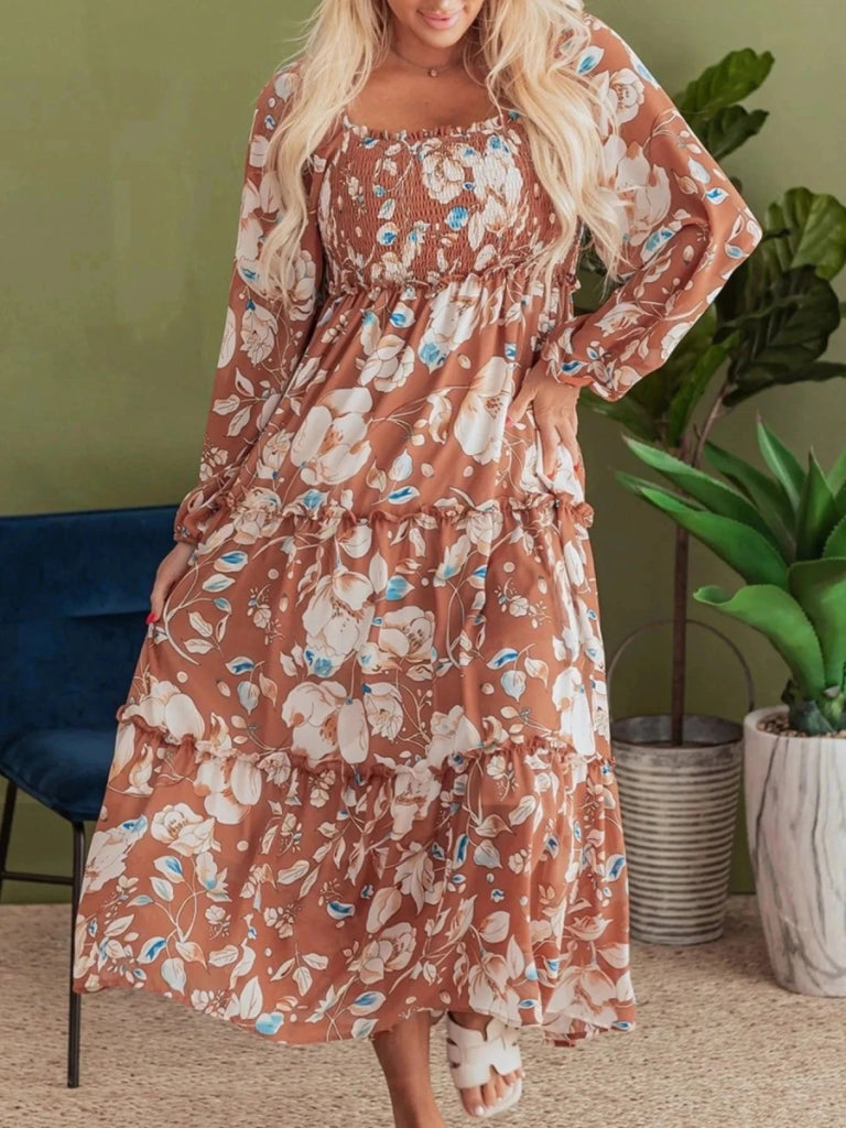 Smocked Printed Long Sleeve Tiered Dress - Floral by Trendsi from FREYA’S CLOSET