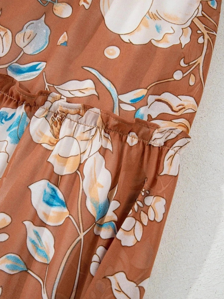 Smocked Printed Long Sleeve Tiered Dress - Floral by Trendsi from FREYA’S CLOSET