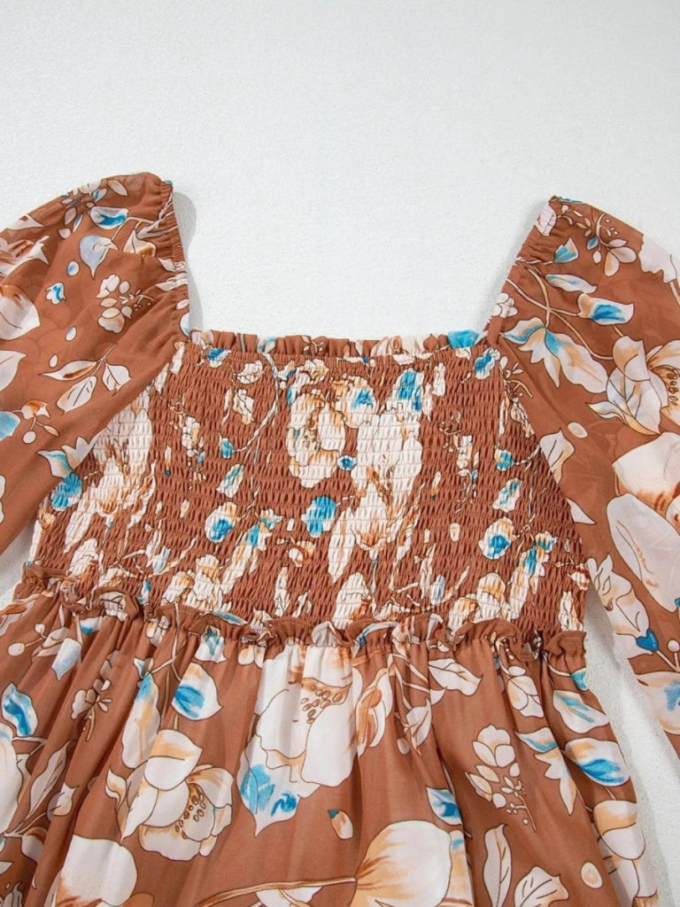 Smocked Printed Long Sleeve Tiered Dress - Floral by Trendsi from FREYA’S CLOSET