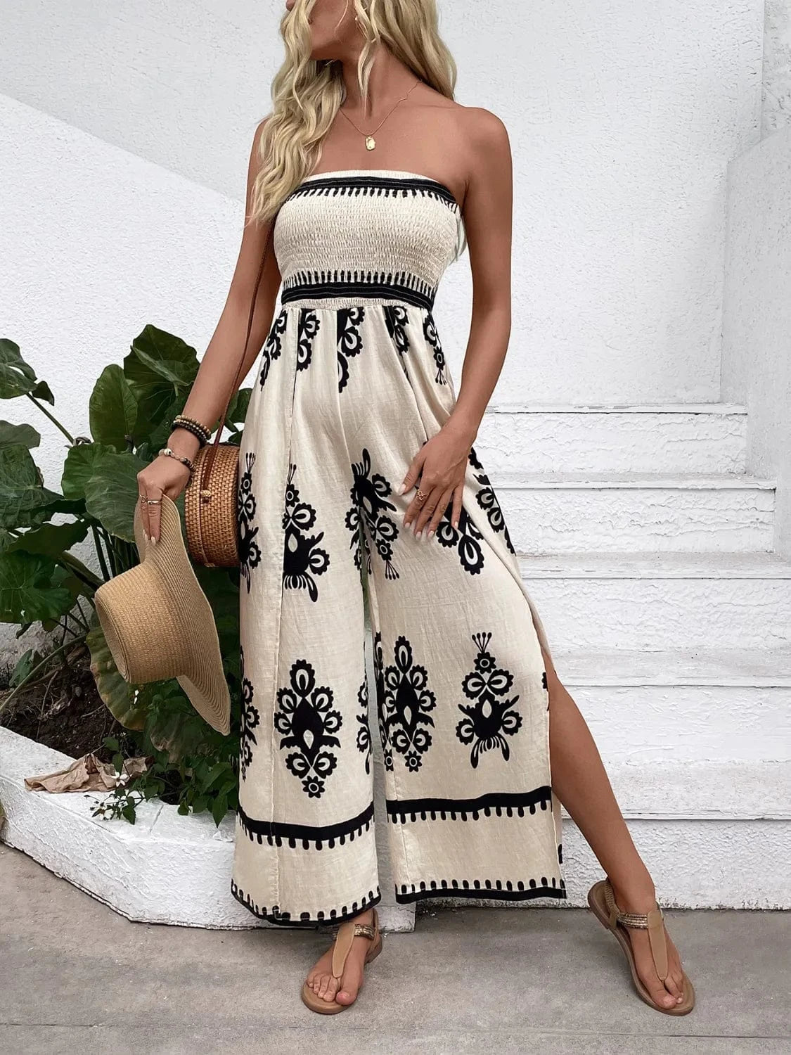 Trendsi Smocked Printed Wide Leg Jumpsuit