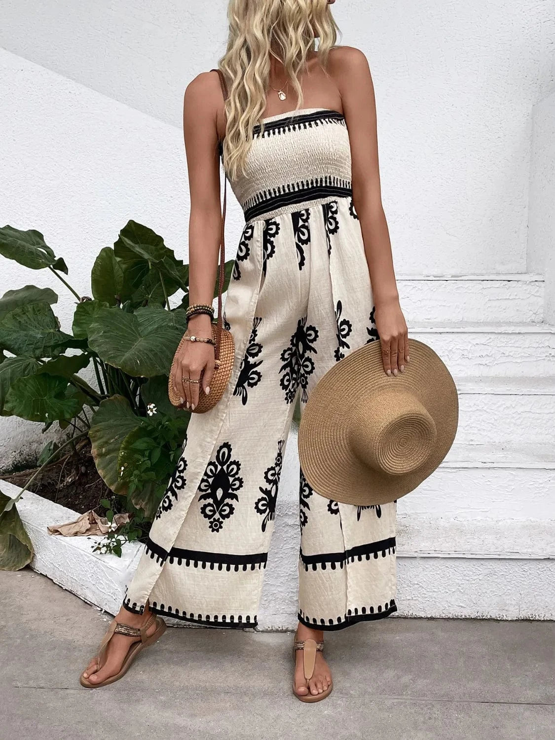 Trendsi Smocked Printed Wide Leg Jumpsuit