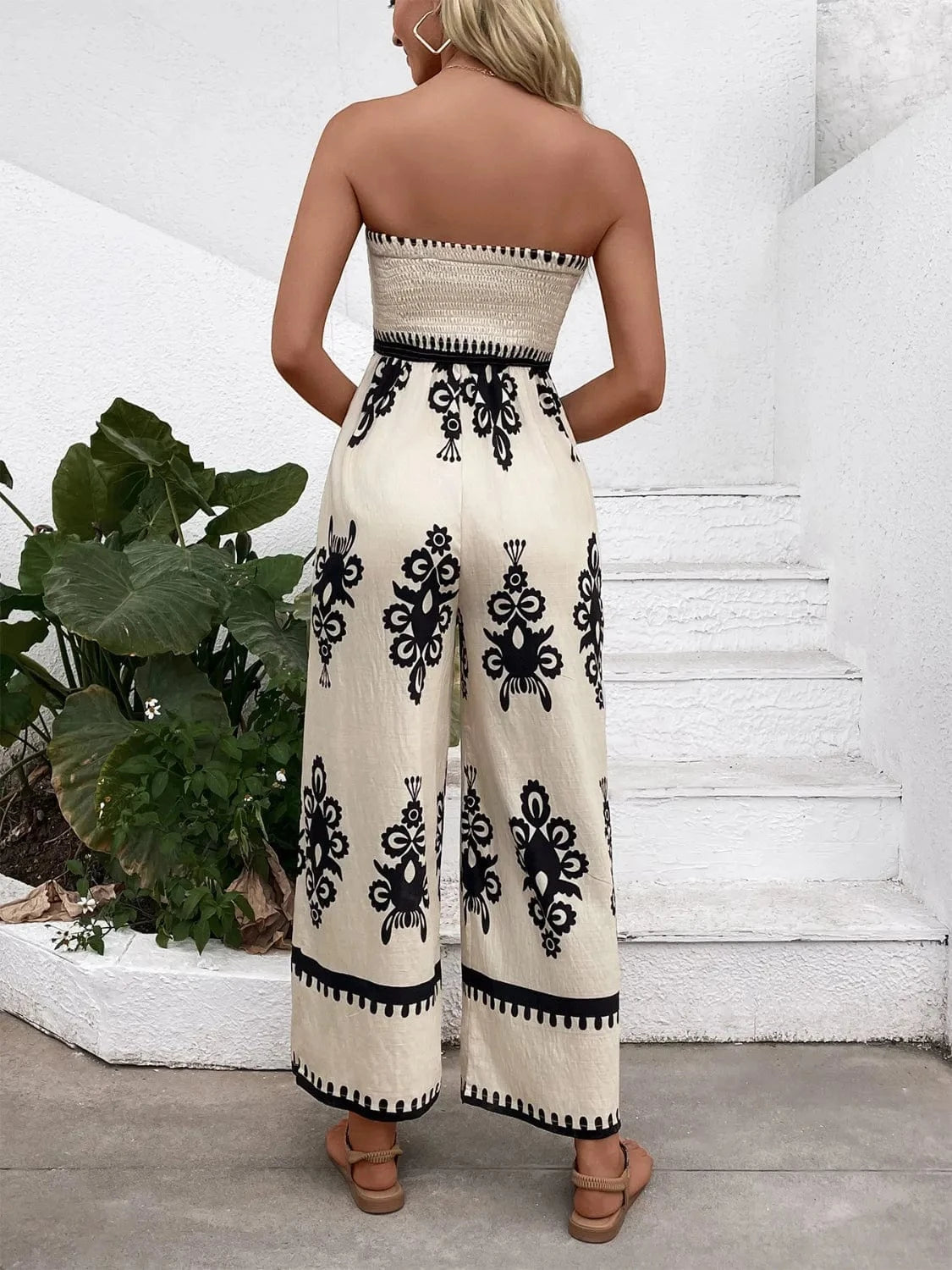 Trendsi Smocked Printed Wide Leg Jumpsuit