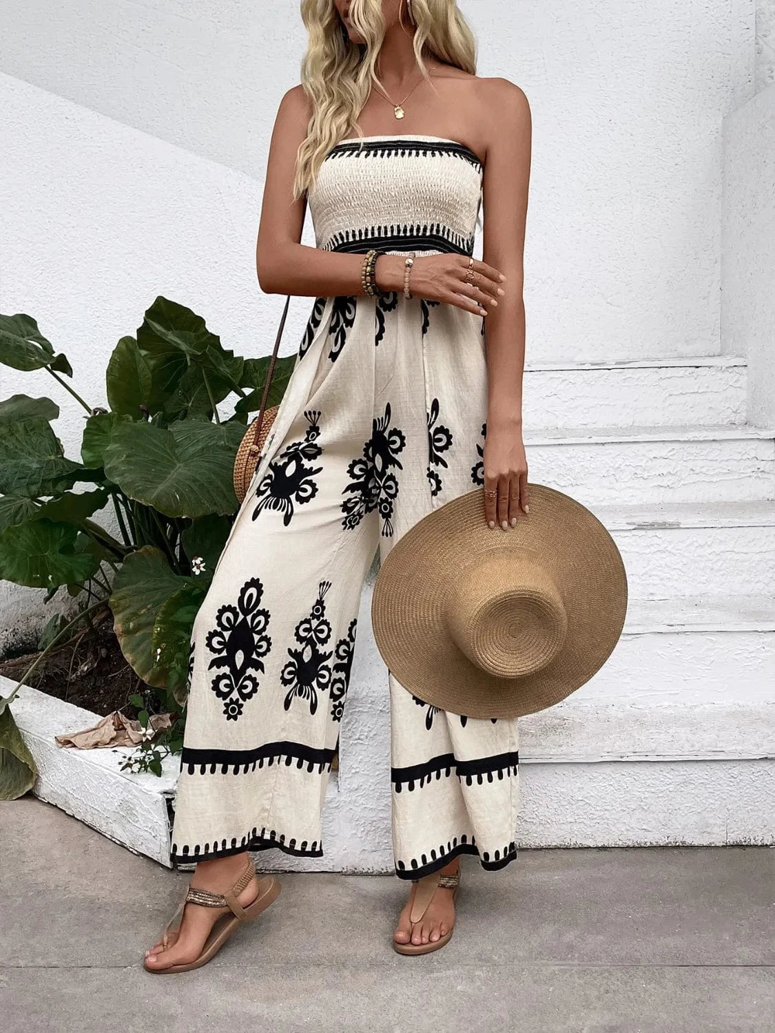 Trendsi Smocked Printed Wide Leg Jumpsuit