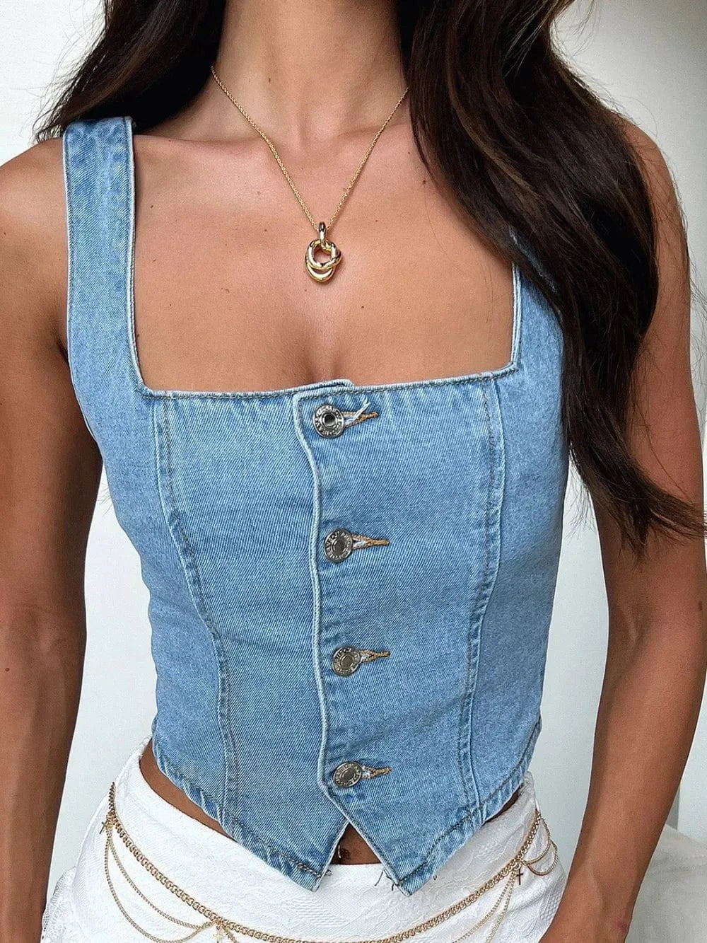 Trendsi Smocked Square Neck Denim Top