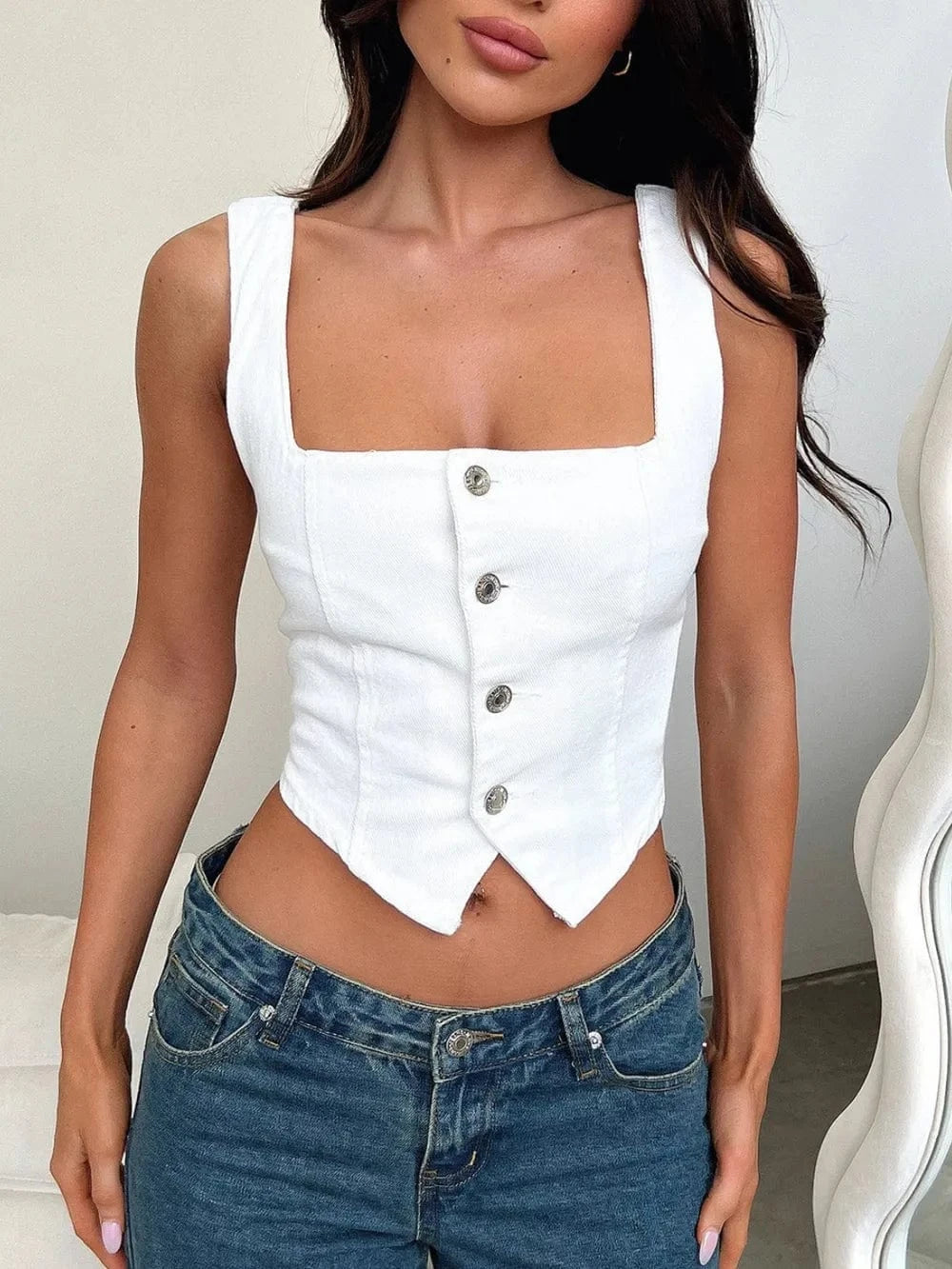 Trendsi White / S Smocked Square Neck Denim Top