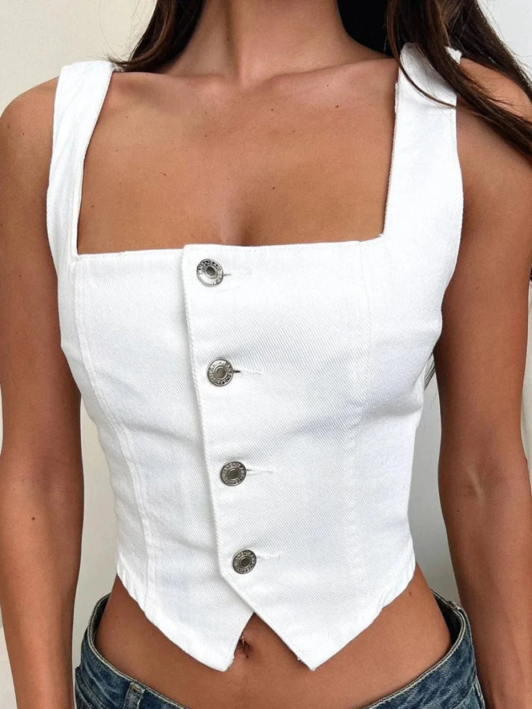 Smocked Square Neck Denim Top - White by Trendsi from FREYA’S CLOSET