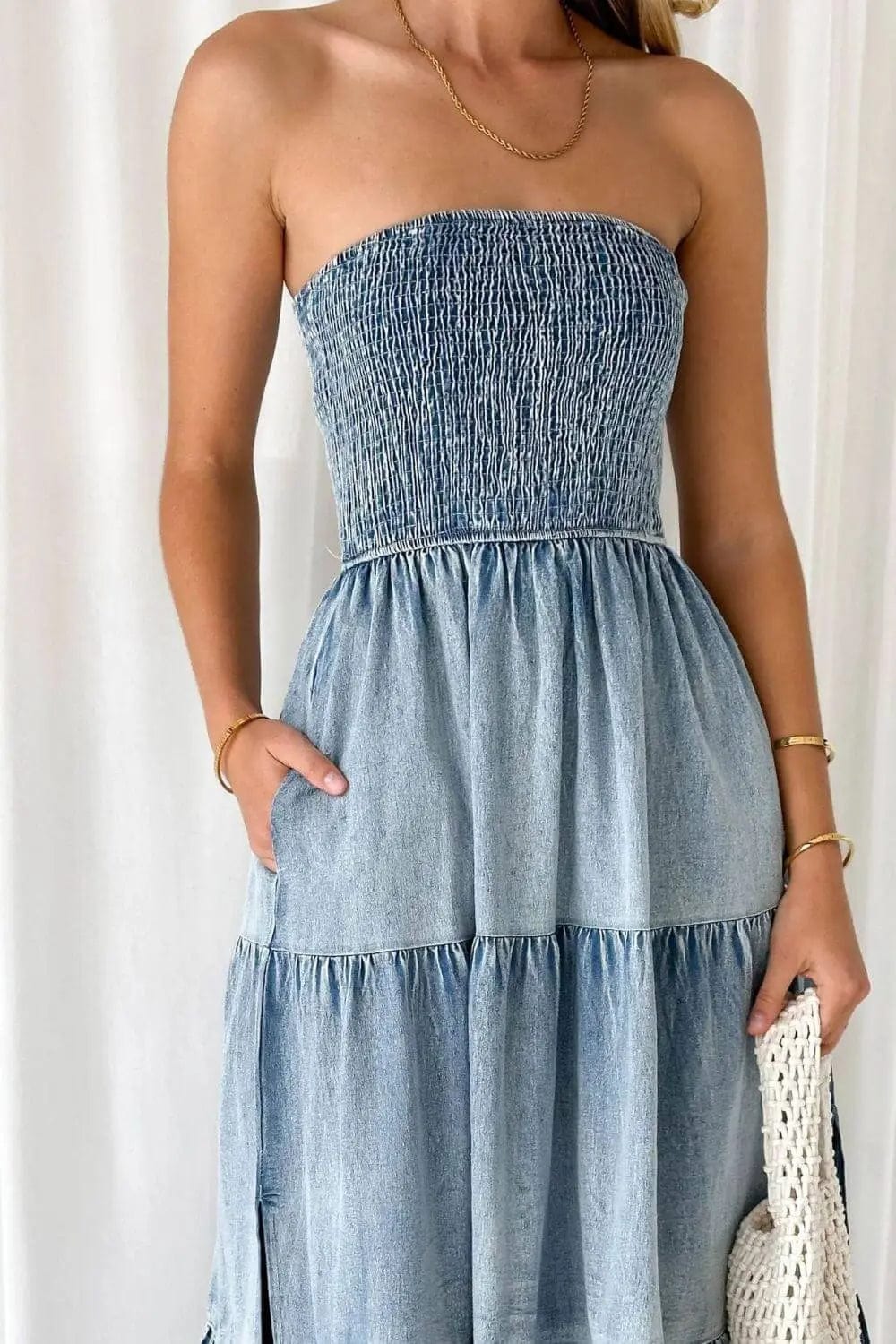 Trendsi Dresses Smocked Tube Slit Tiered Denim Dress