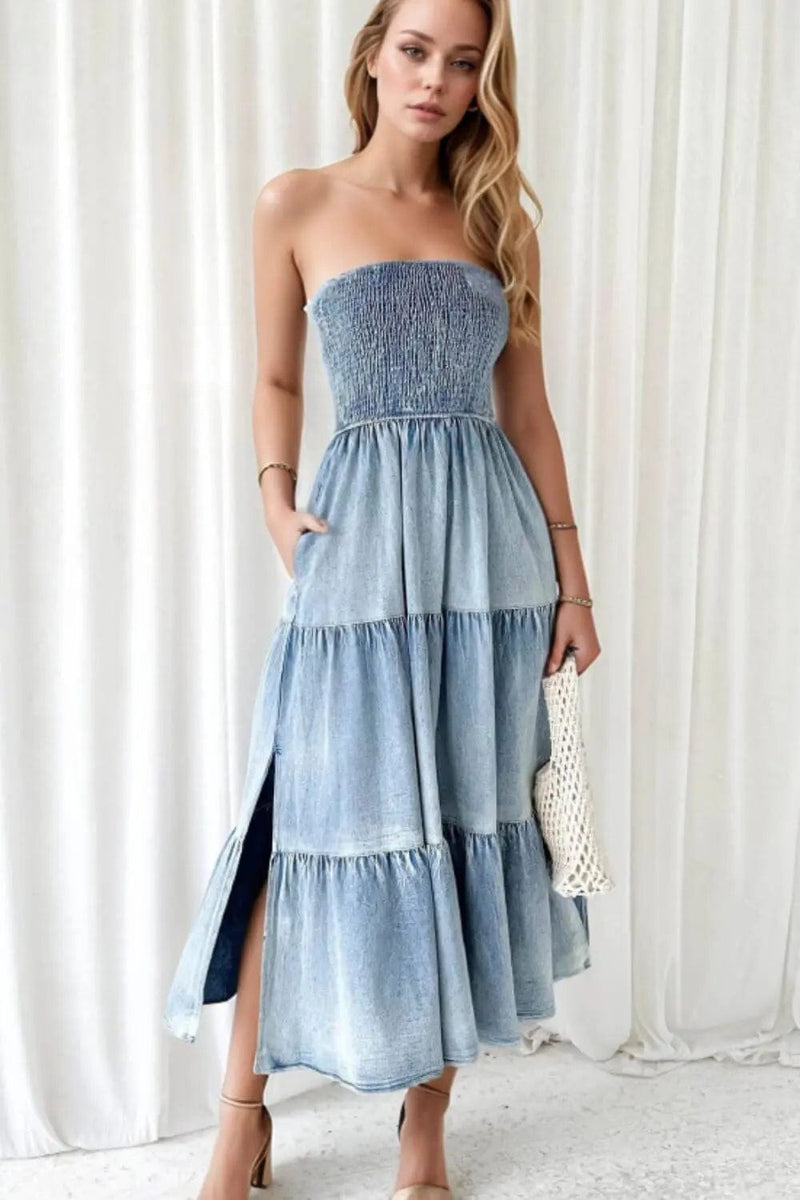 Trendsi Dresses Smocked Tube Slit Tiered Denim Dress