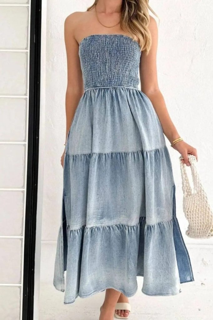 Smocked Tube Slit Tiered Denim Dress - Light Blue by Trendsi from FREYA’S CLOSET