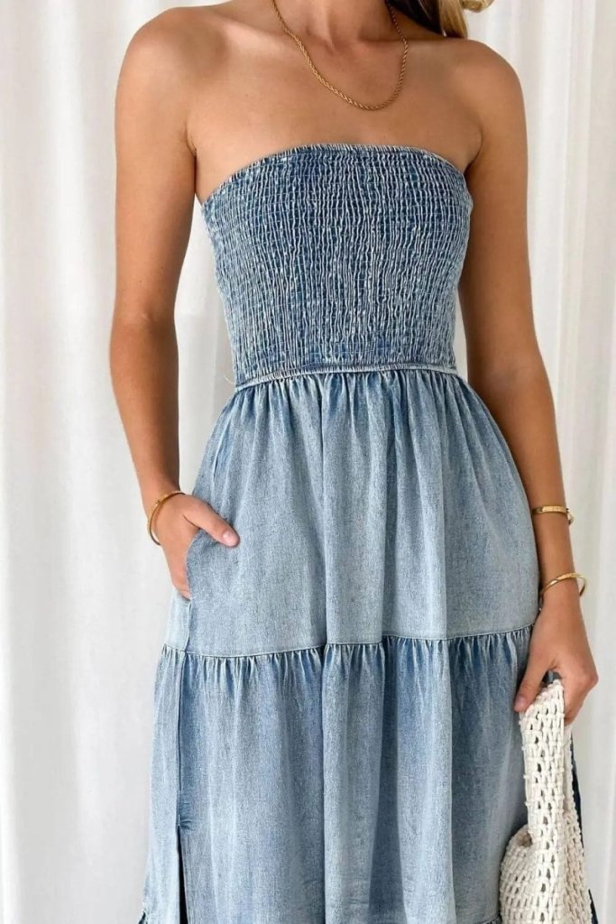 Smocked Tube Slit Tiered Denim Dress - Light Blue by Trendsi from FREYA’S CLOSET