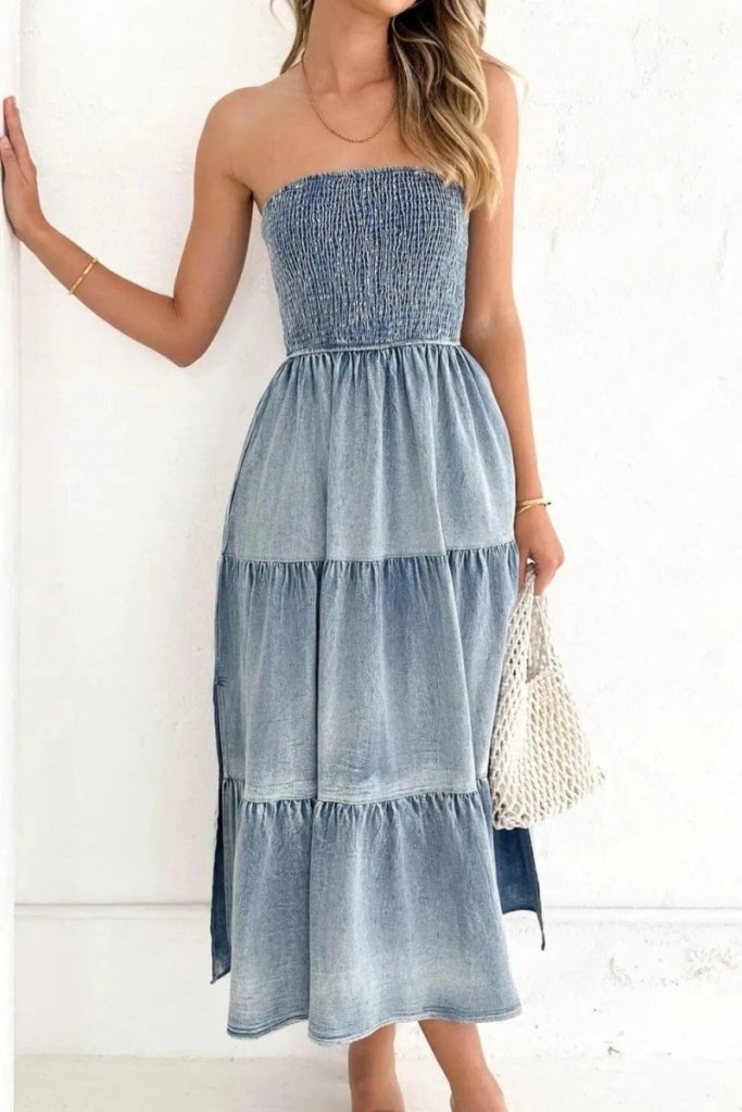 Smocked Tube Slit Tiered Denim Dress - Light Blue by Trendsi from FREYA’S CLOSET