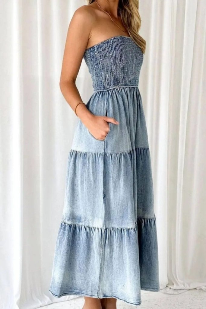 Smocked Tube Slit Tiered Denim Dress - Light Blue by Trendsi from FREYA’S CLOSET
