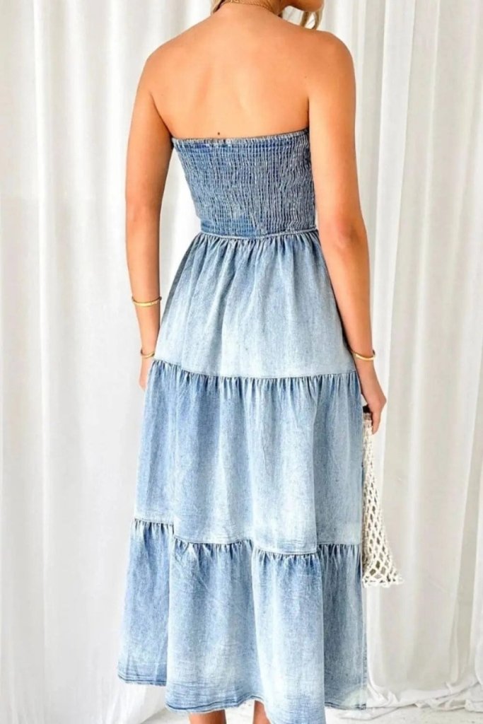 Smocked Tube Slit Tiered Denim Dress - Light Blue by Trendsi from FREYA’S CLOSET