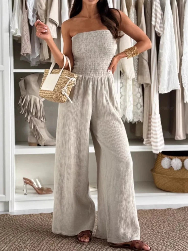 Smocked Tube Wide - Leg Jumpsuit - Apricot by Trendsi from FREYA’S CLOSET