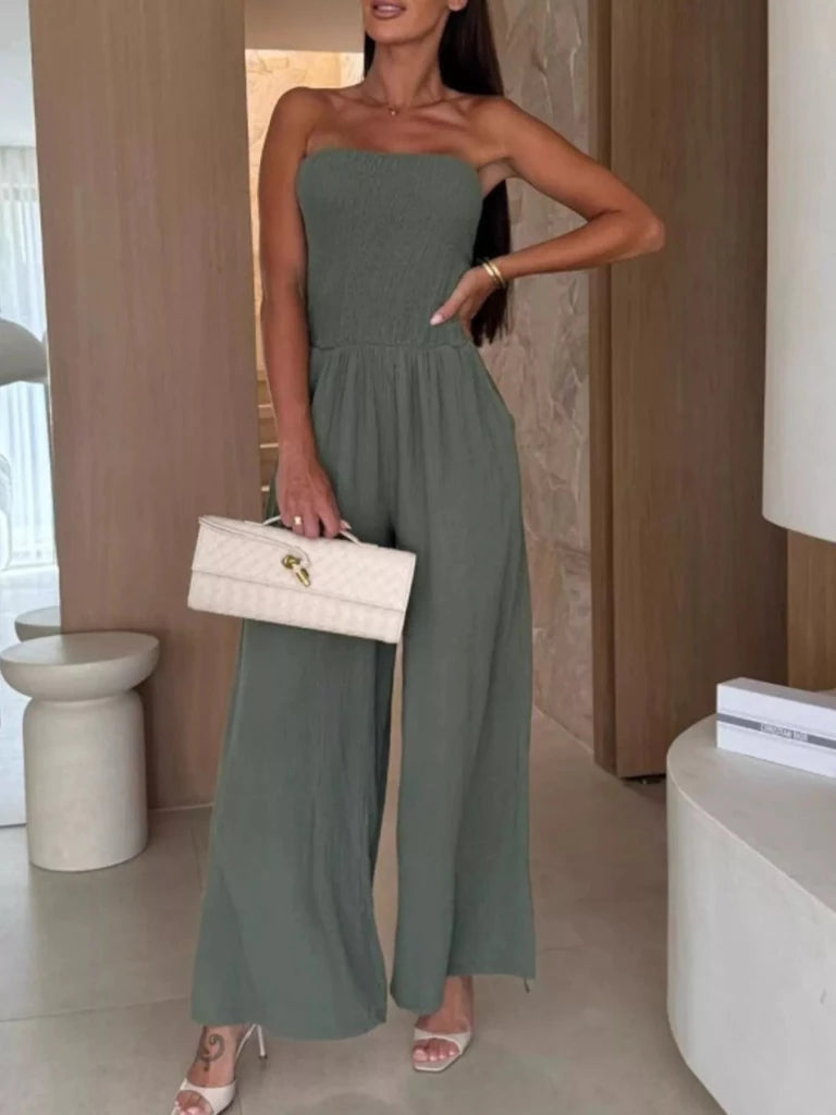Smocked Tube Wide - Leg Jumpsuit - Green by Trendsi from FREYA’S CLOSET
