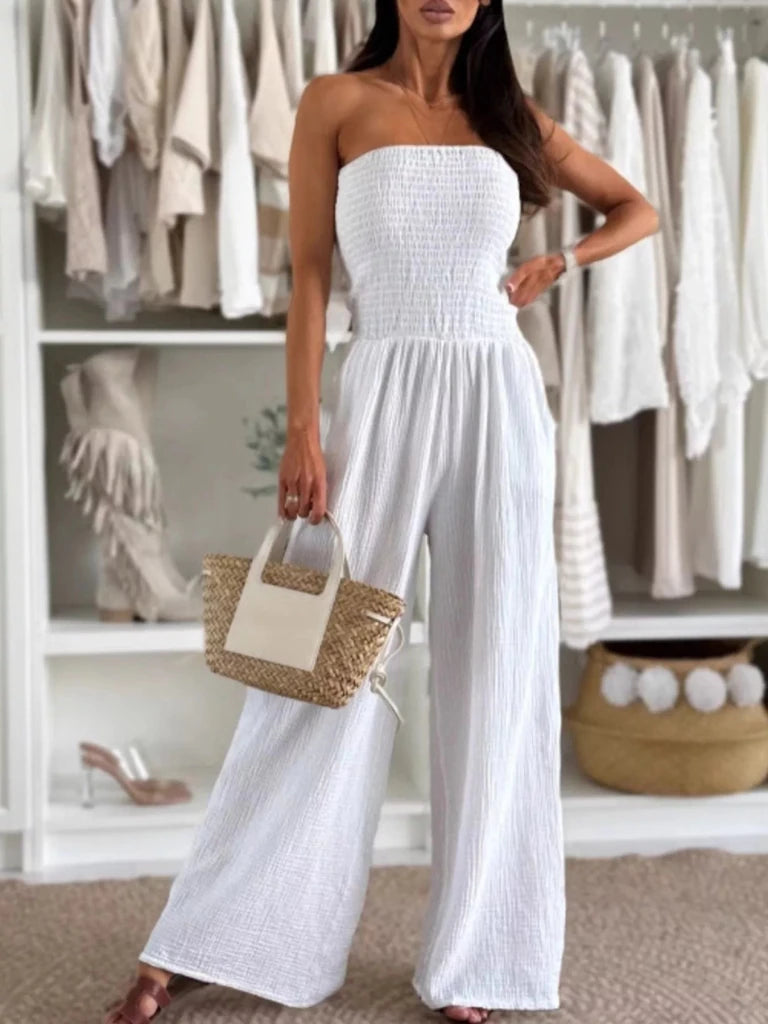 Smocked Tube Wide - Leg Jumpsuit - White by Trendsi from FREYA’S CLOSET