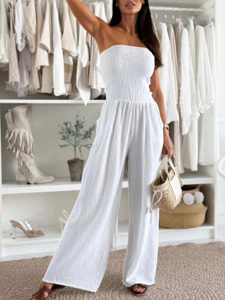 Smocked Tube Wide - Leg Jumpsuit - White by Trendsi from FREYA’S CLOSET