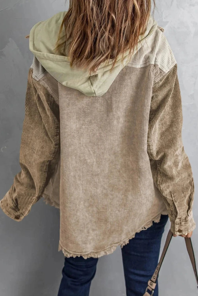 Snap Front Hooded Corduroy Shacket - Dust Storm by Trendsi from FREYA’S CLOSET