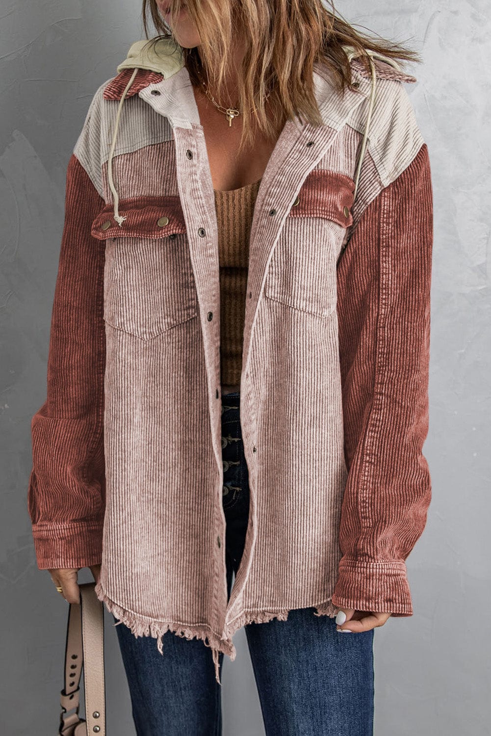 Trendsi Snap Front Hooded Corduroy Shacket