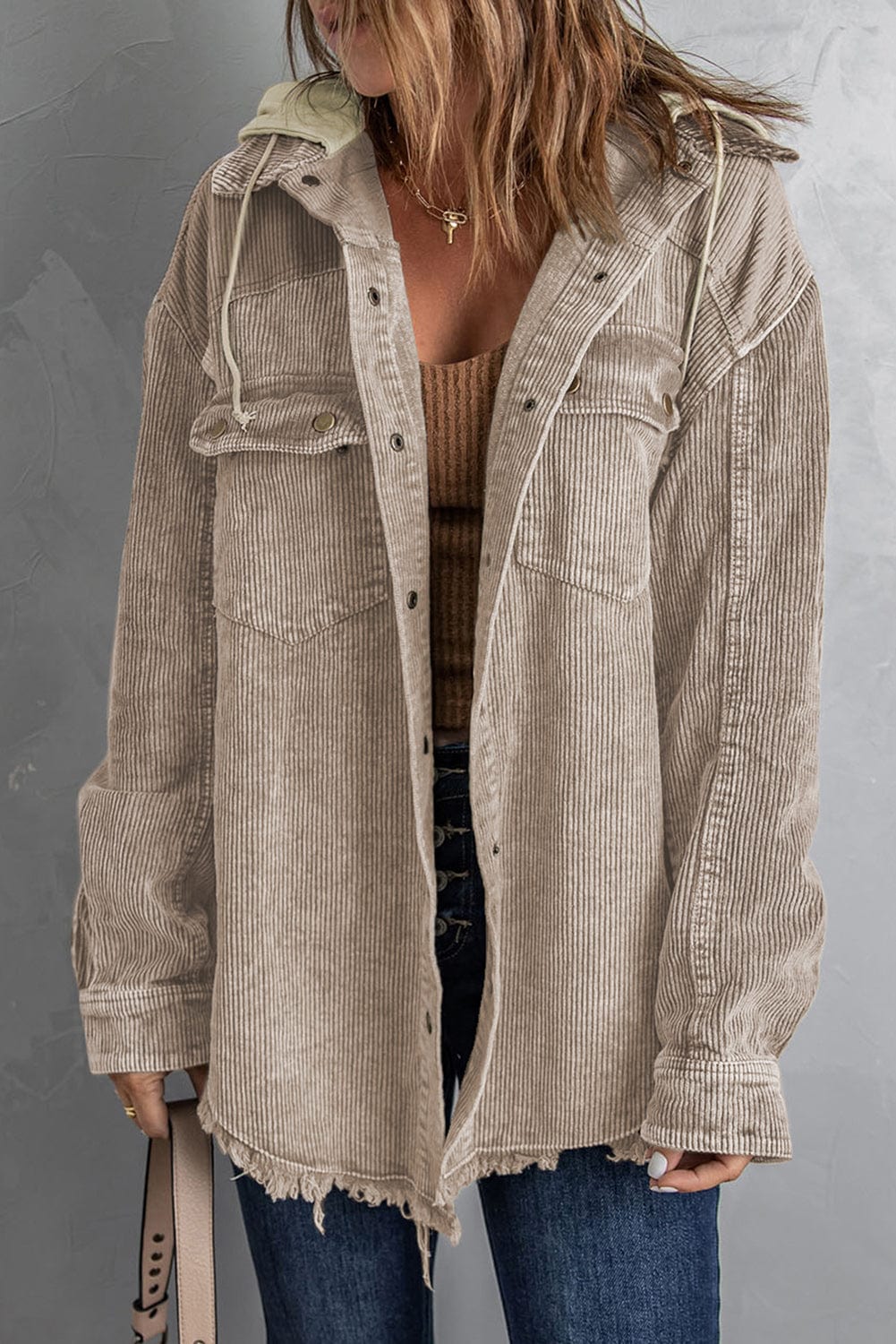 Trendsi Snap Front Hooded Corduroy Shacket